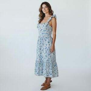Draper James Floral Smocked Midi Dress Womens XL Blue White Ruffle Strap Pocket